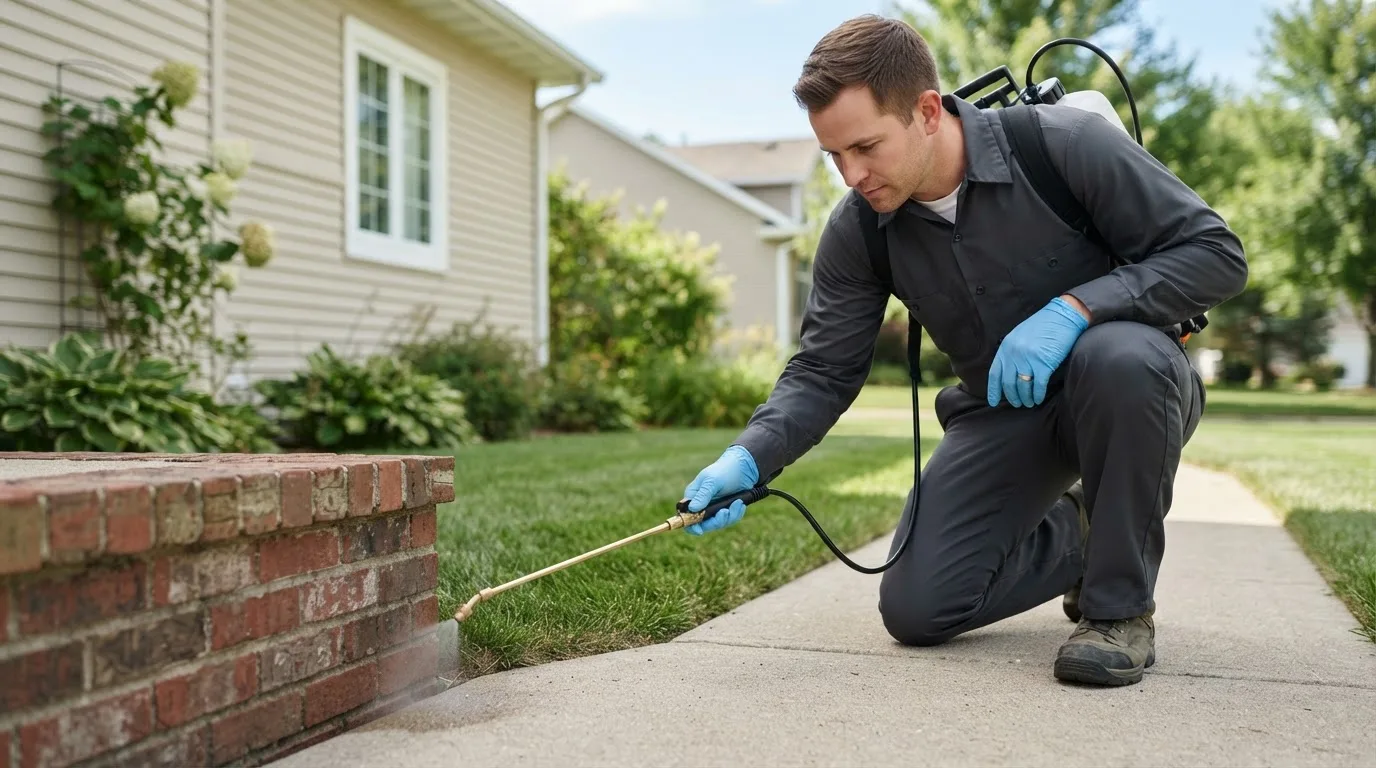 Pest control technician treating a home near New Bedford, IL