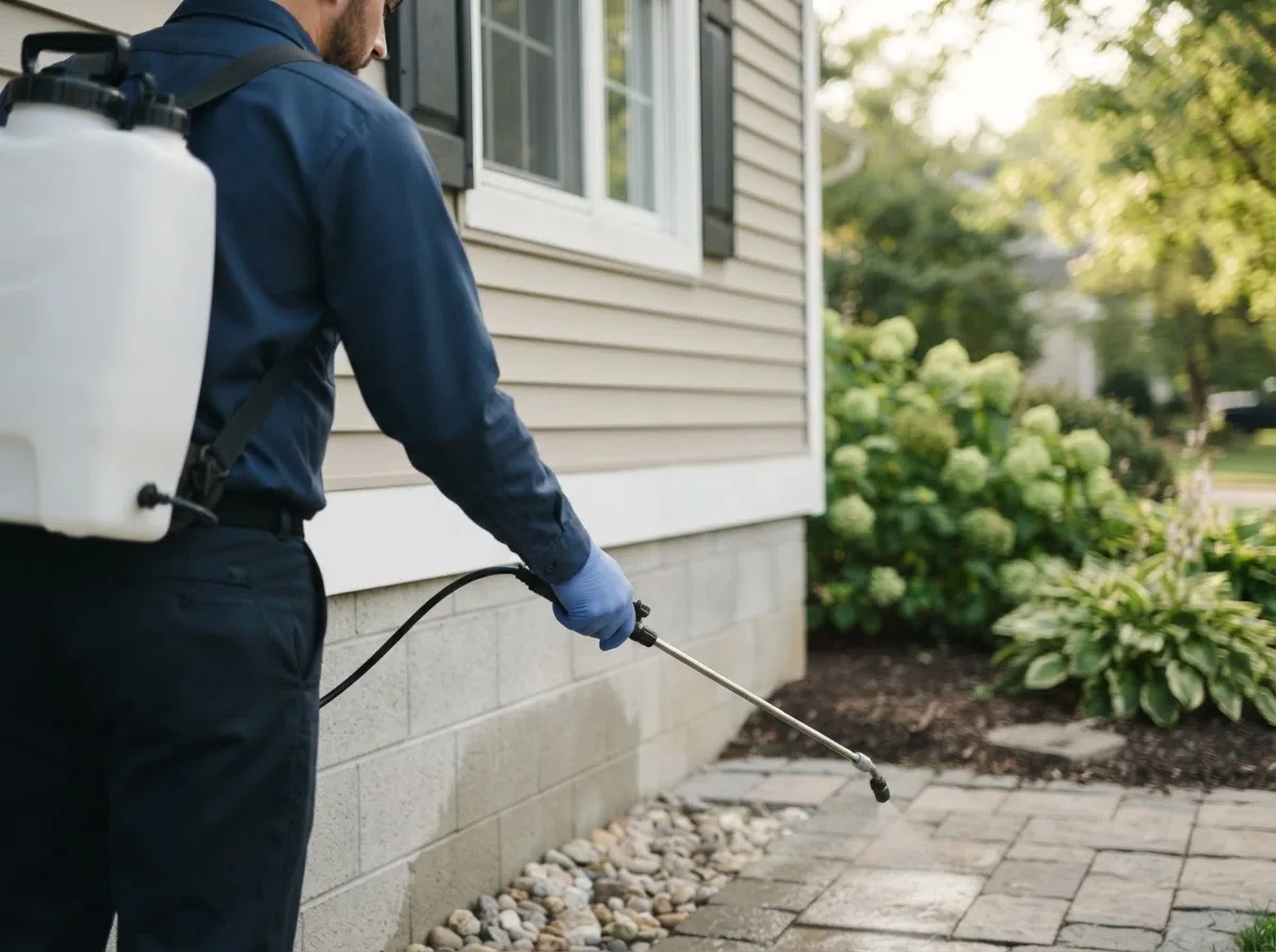 Pest control technician inspecting a home in New Bedford, IL